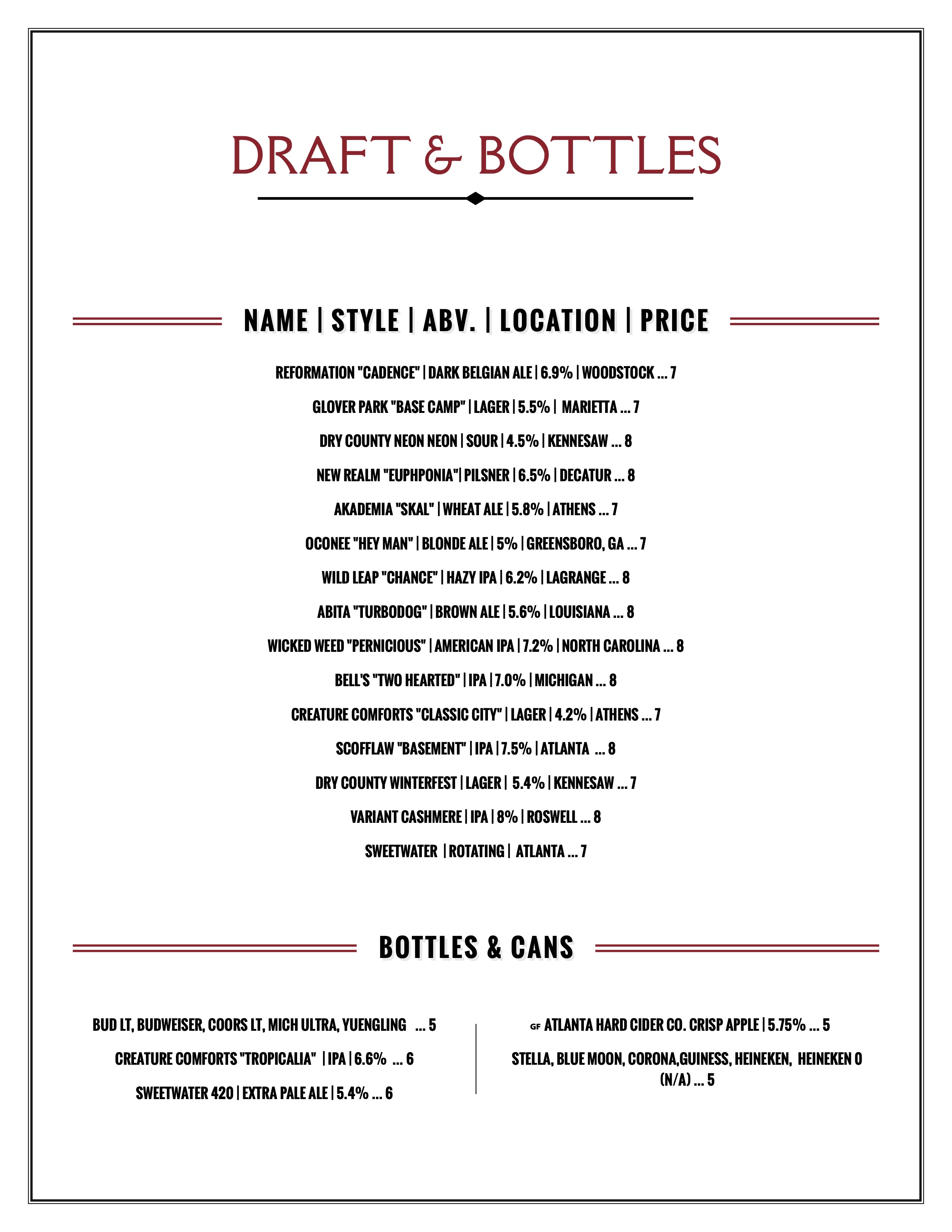 Cocktail Bar Roswell GA Red and White Wines